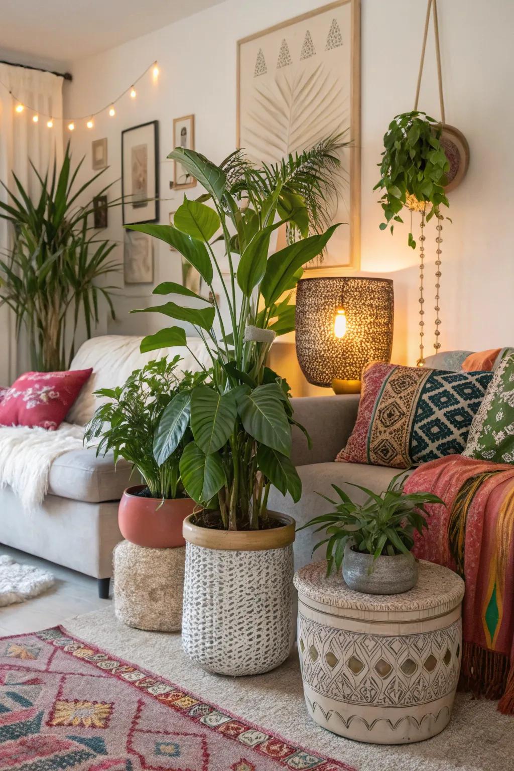 Abundant vegetation breathes life and freshness into the boho glam design.