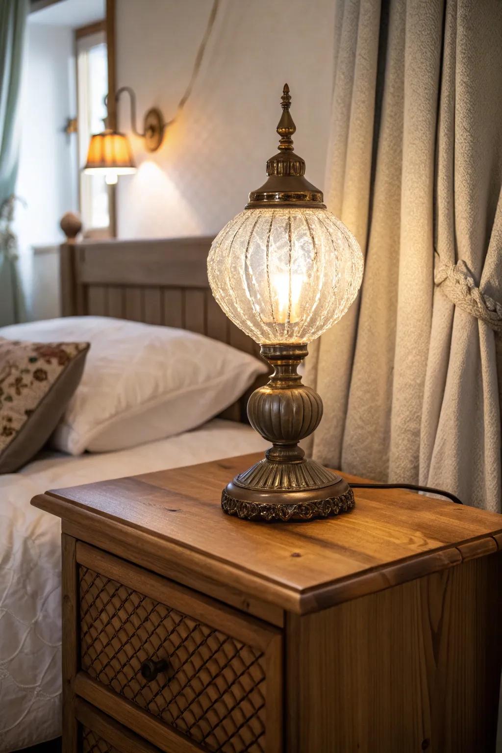 A retro glass lamp enlivens and charms a boho bedside table.
