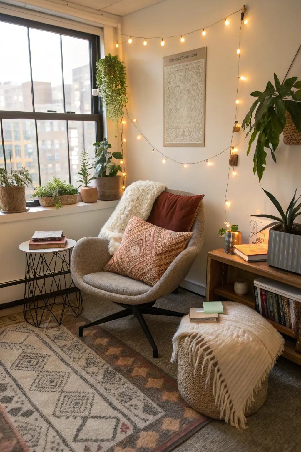 A calm environment featuring a cozy seating nook in the office.