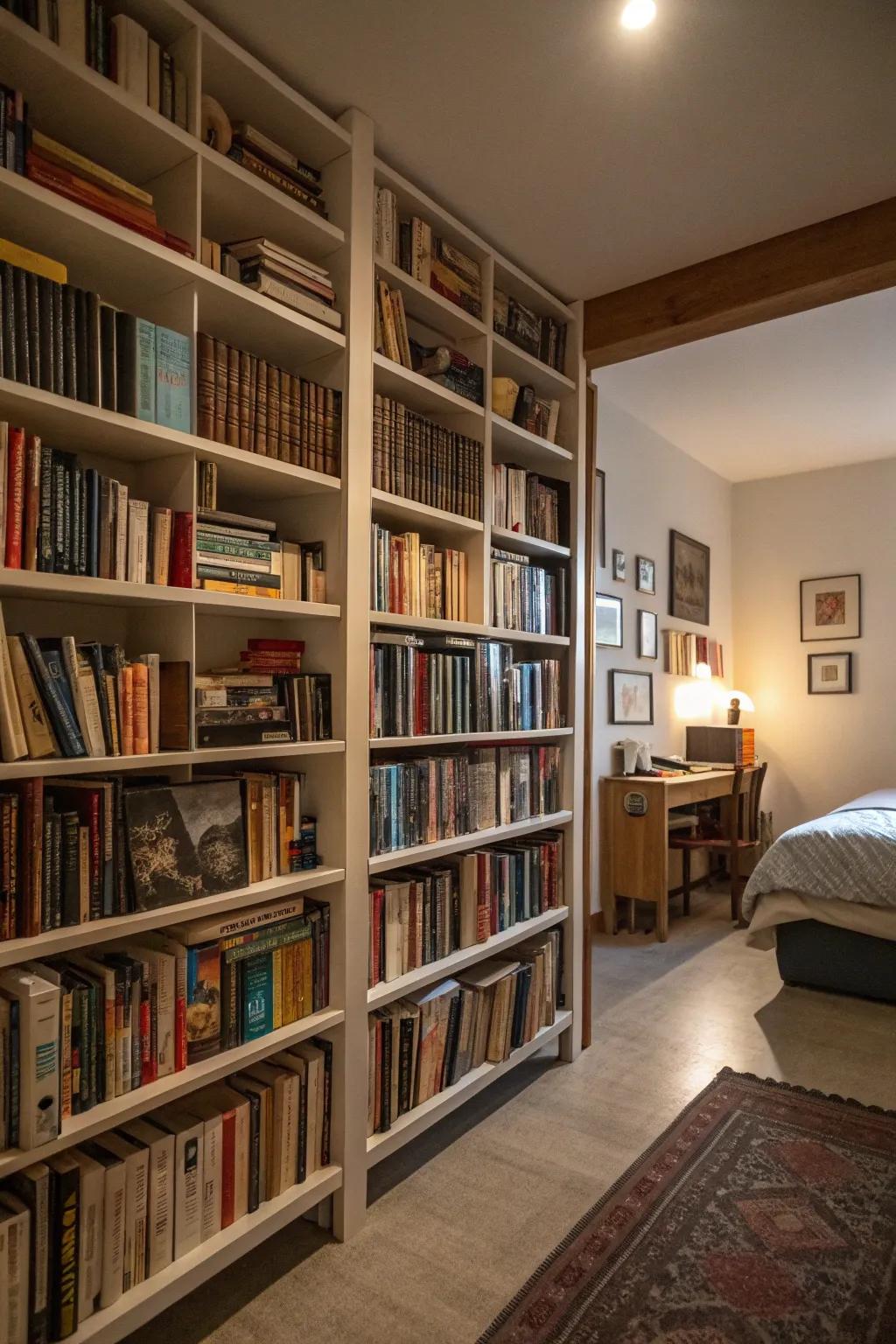 A bibliophile's dream realized through extensive wall-to-wall shelving.