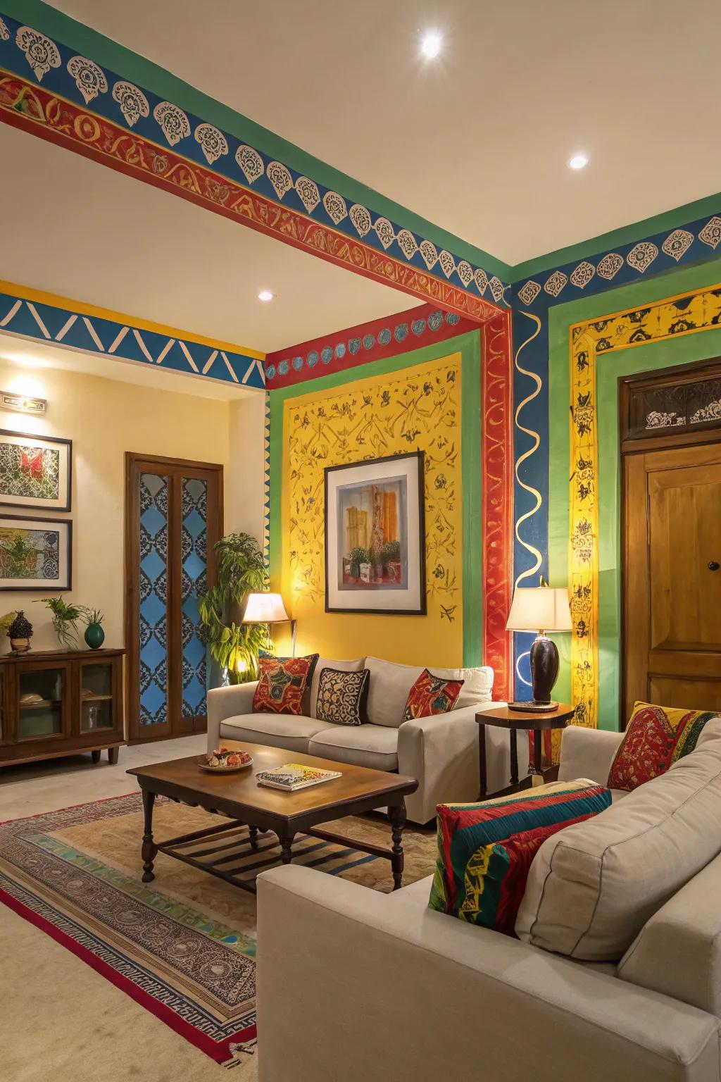 Vibrant hues in border designs make a bold statement.