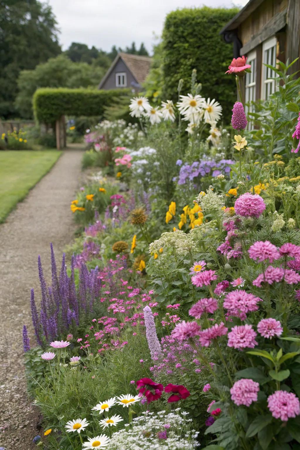 A charming cottage garden border with colorful flowers.