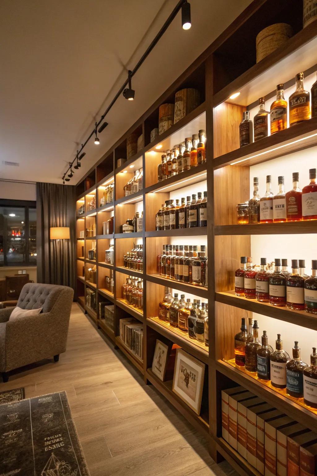 Library-style shelving provides a sophisticated bourbon display.
