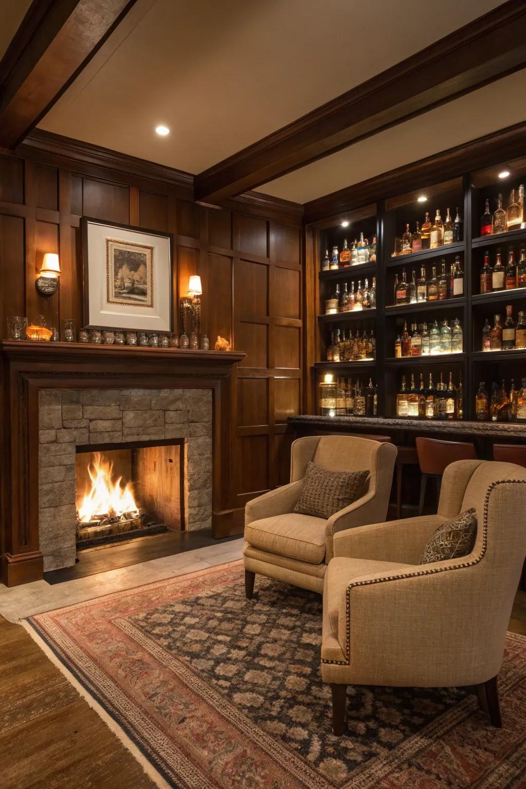 A fireplace forms a captivating central piece in the sipping parlor.