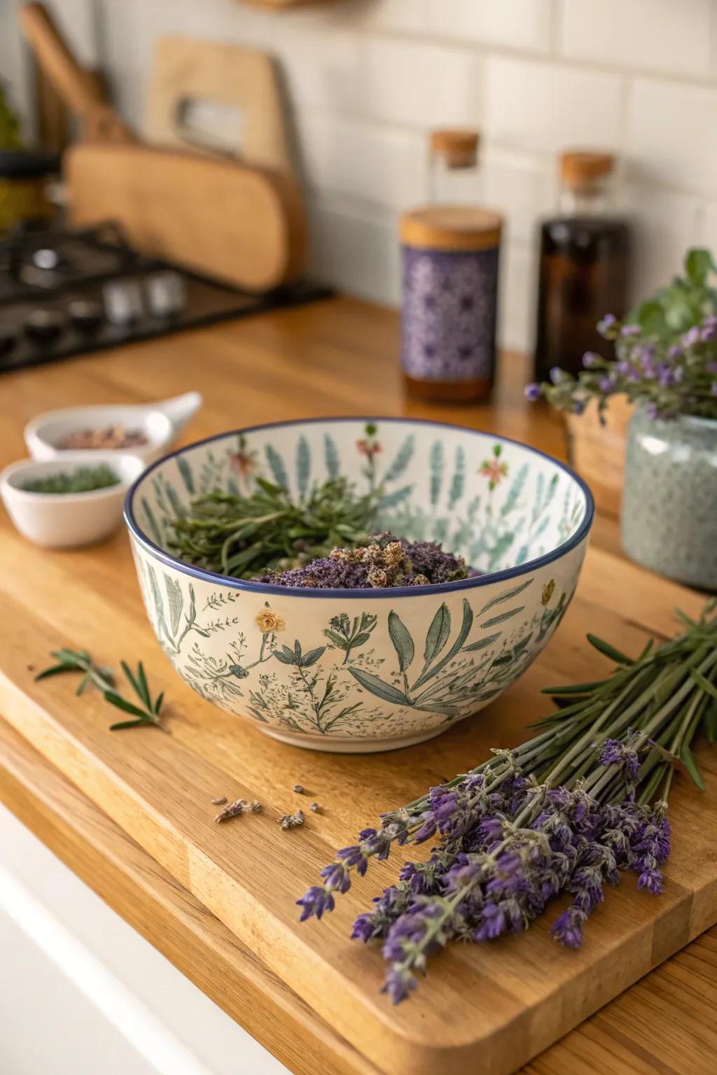 A decorative bowl filled with fragrant herbs, including dried lavender