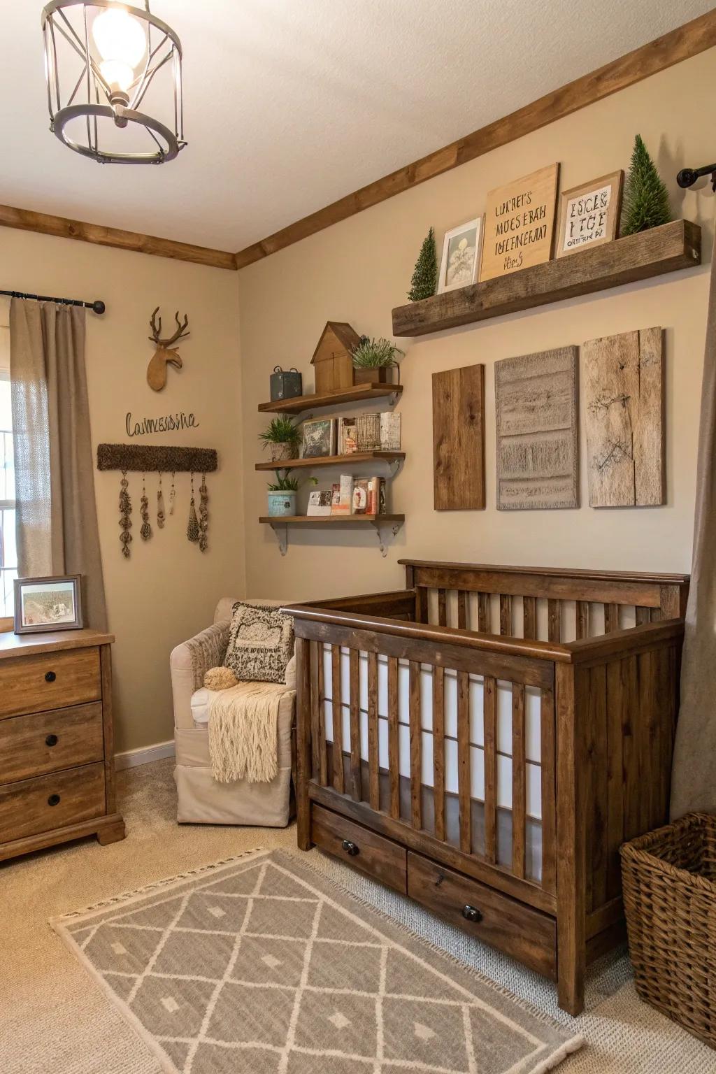Embrace warmth with a rustic farmhouse-themed nursery.