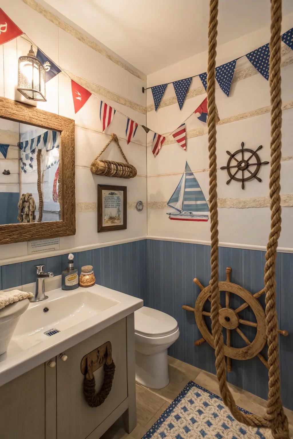 Nautical segments foster a spirit of adventure within a boys' bathroom.
