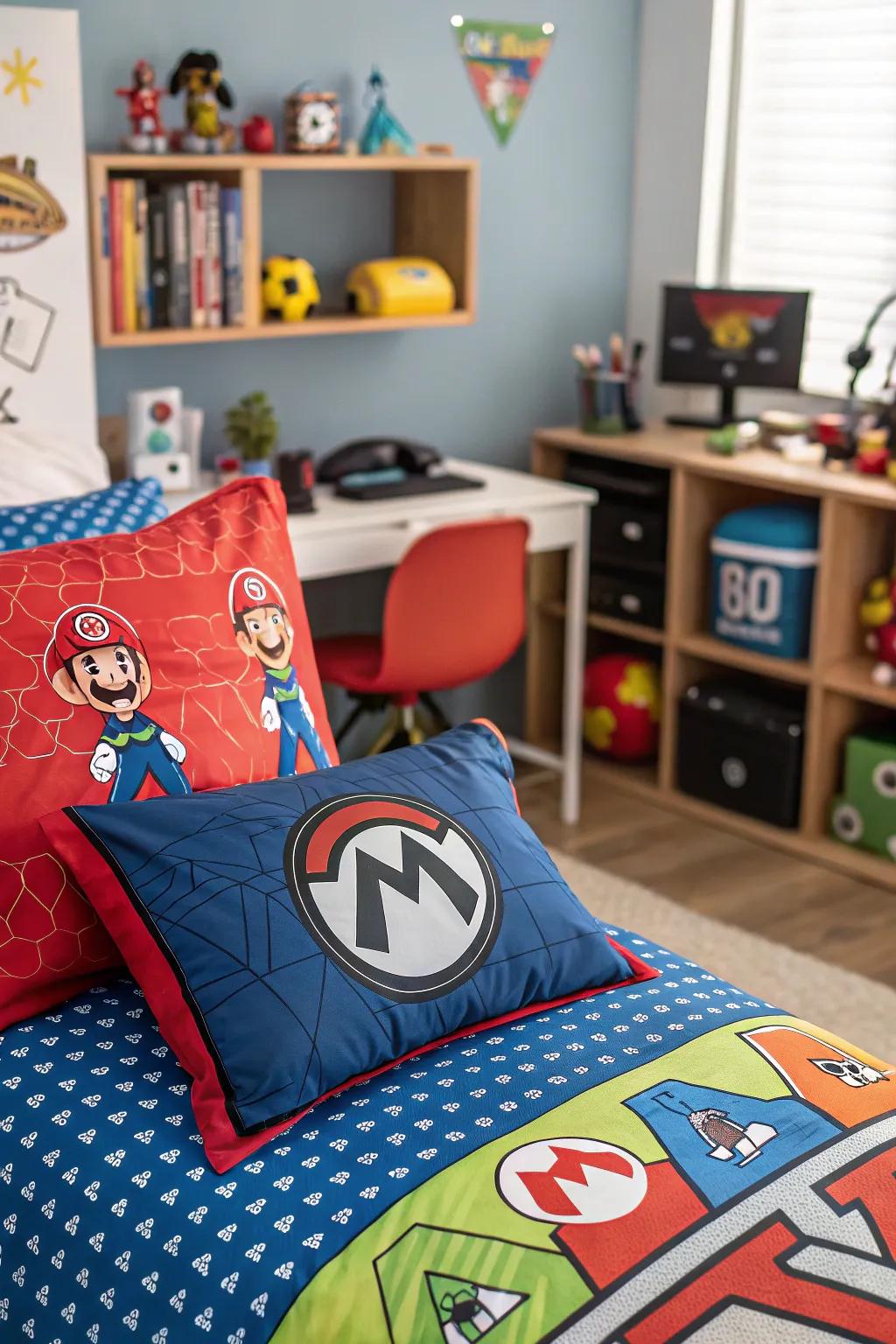 Gaming-inspired linens inject a playful vibe into the room.