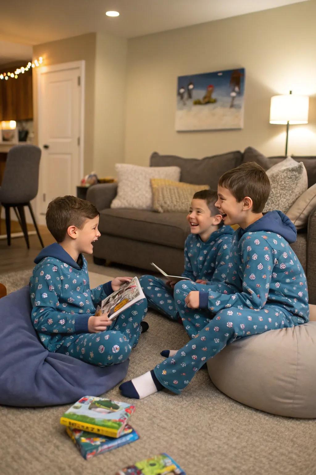 Coordinating pajamas introduce a dash of amusement and unity to the sleepover.