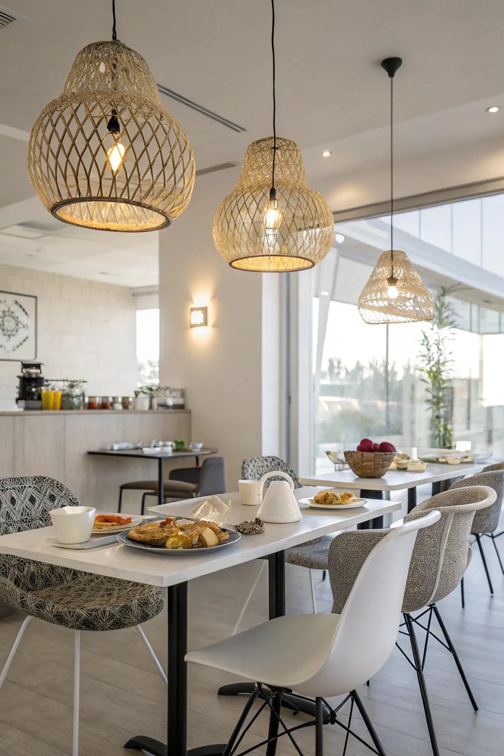 Artistic illumination fittings affixing flair to a breakfast space.