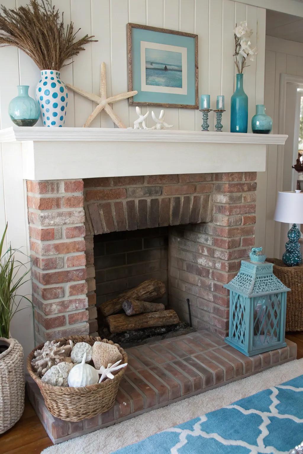 A brick hearth featuring coastal-inspired decor and soft blue accents.
