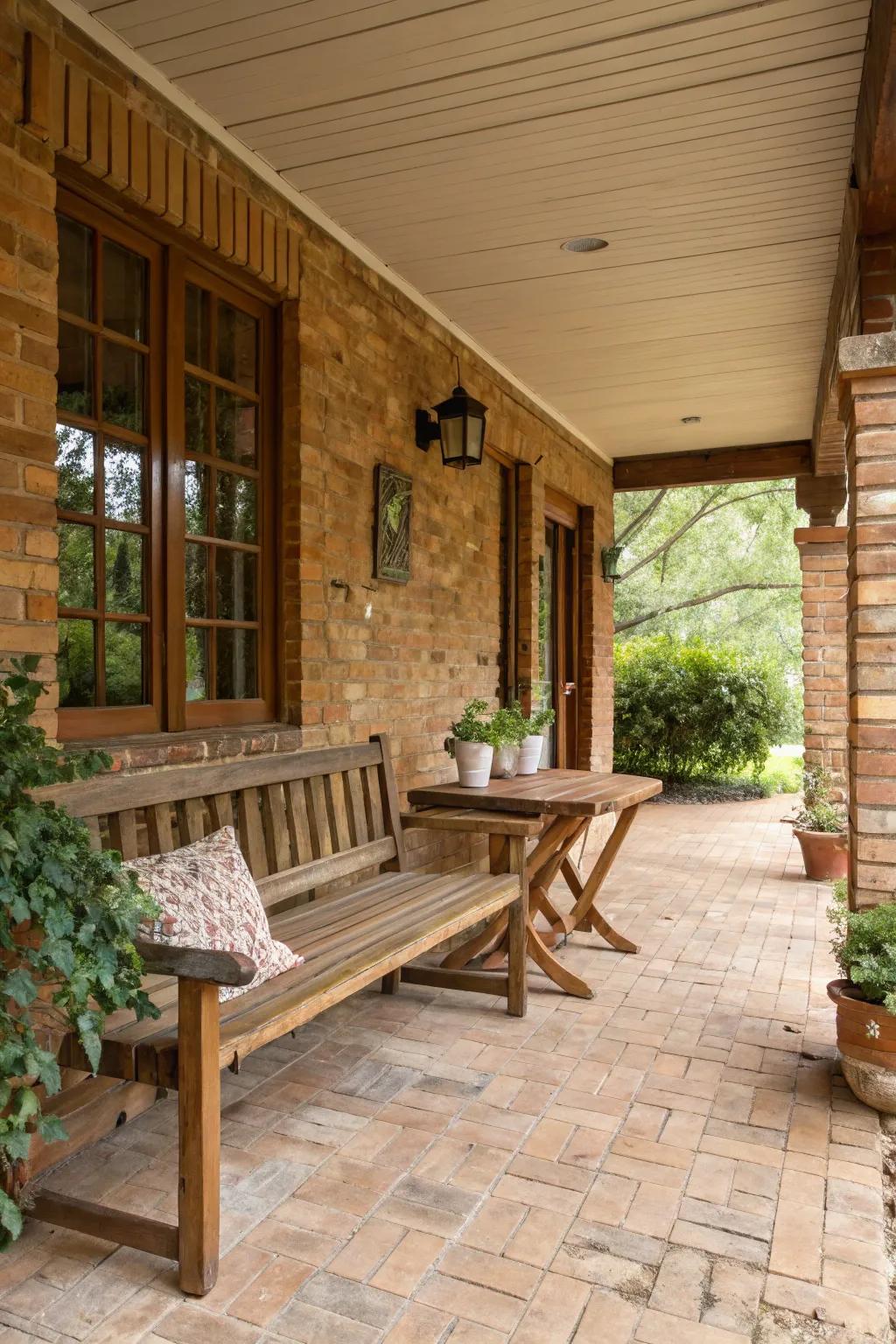 Wood and brick blend effortlessly on this welcoming porch arrangement.