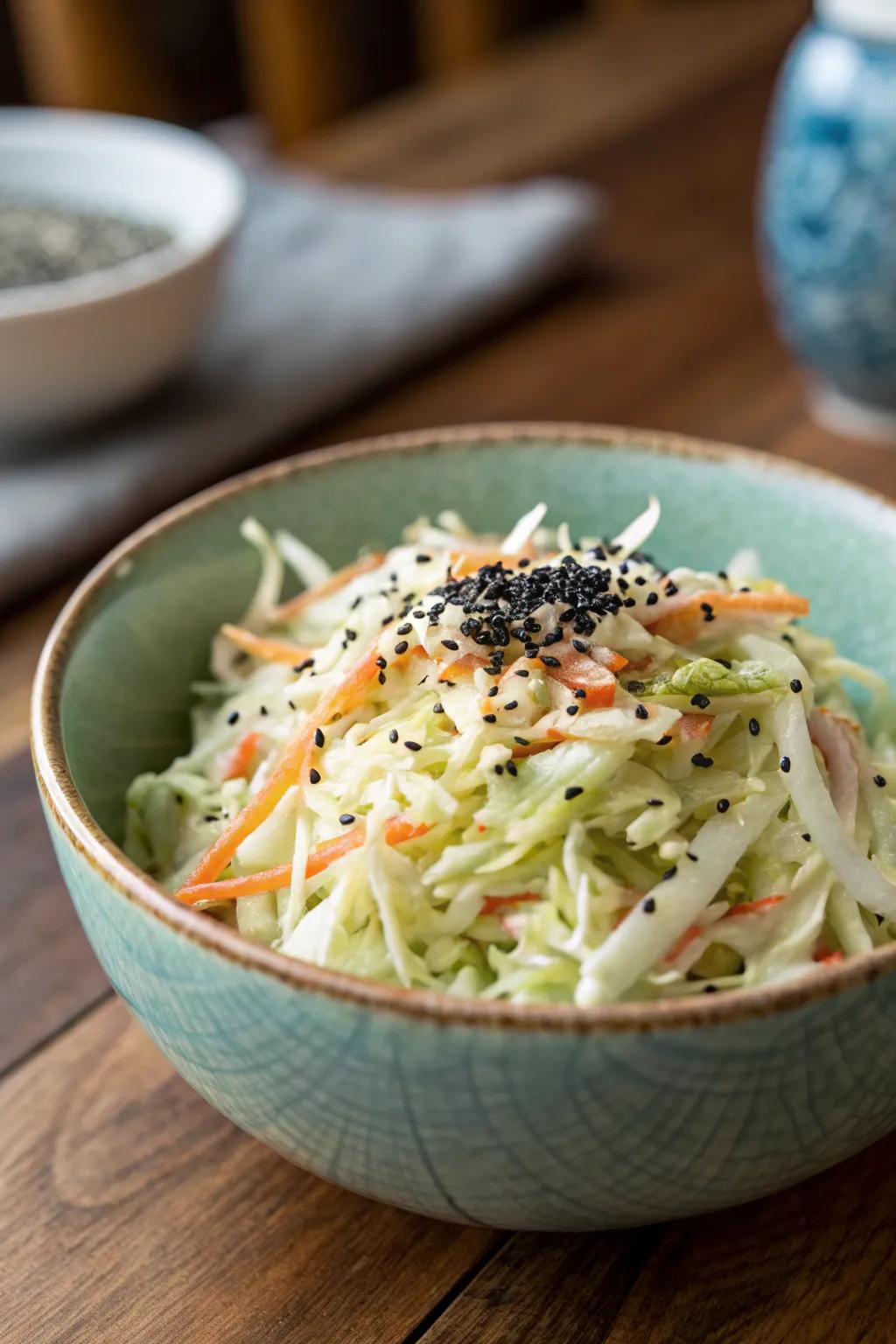 Revitalizing shredded cabbage blend adds a creamy crispness to the presentation.