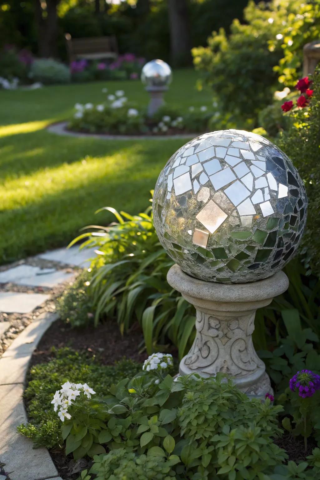 A gazing mirror ball imparts an element of wonder to every garden.