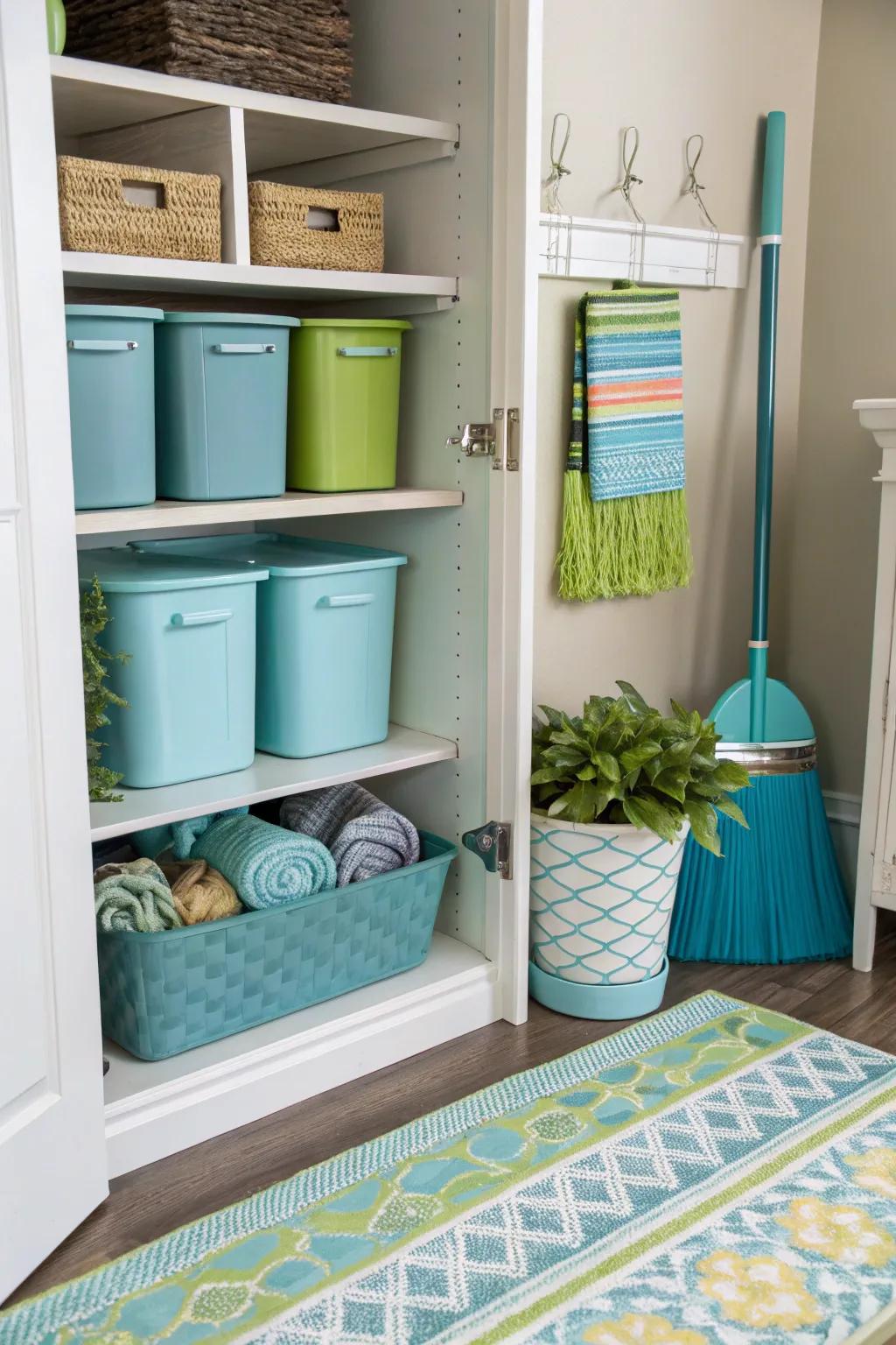 Brighten up your broom closet with colorful organizing tools.