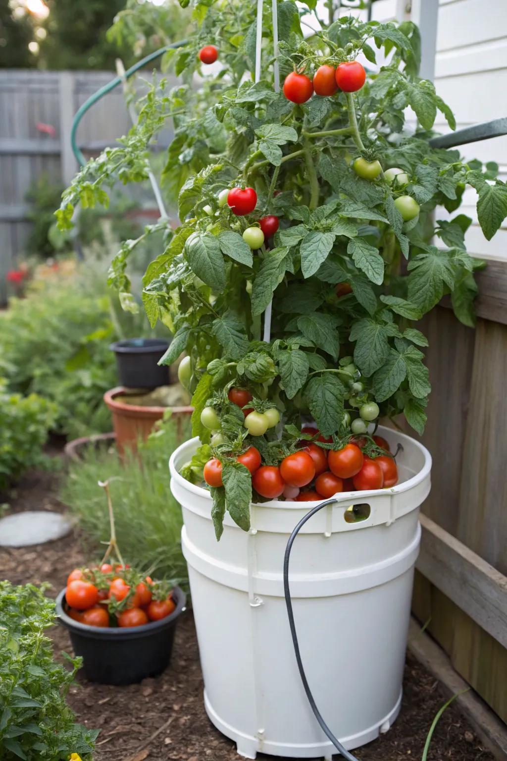 Thriving tomato vegetation is grown via an automated container watering methodology.