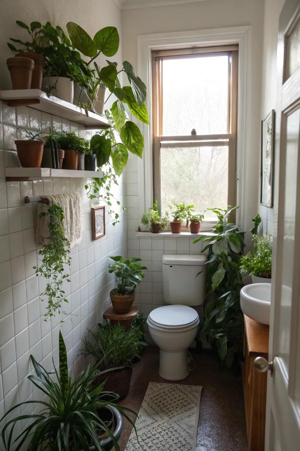 This compact bathroom gains a natural, energizing touch from indoor plants.