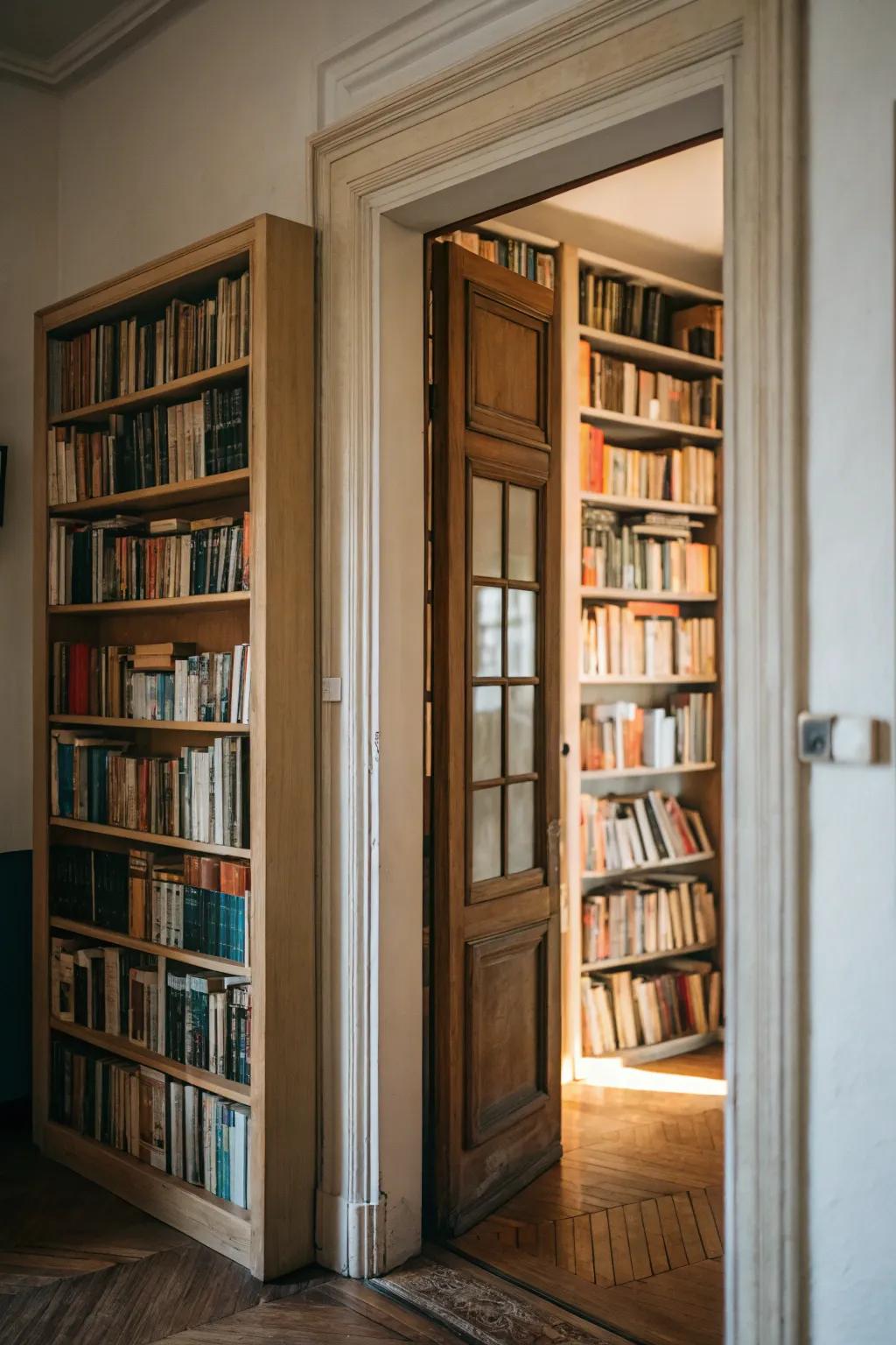 Doorway bookshelves seamlessly connect spaces in an elegant manner.