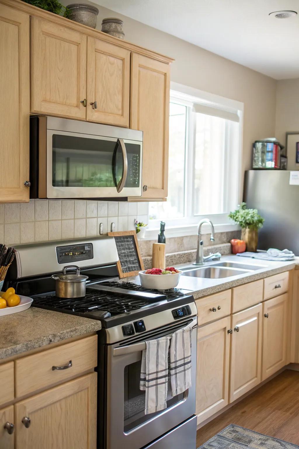 A cooker strategically set near the stovetop to maximize efficiency.
