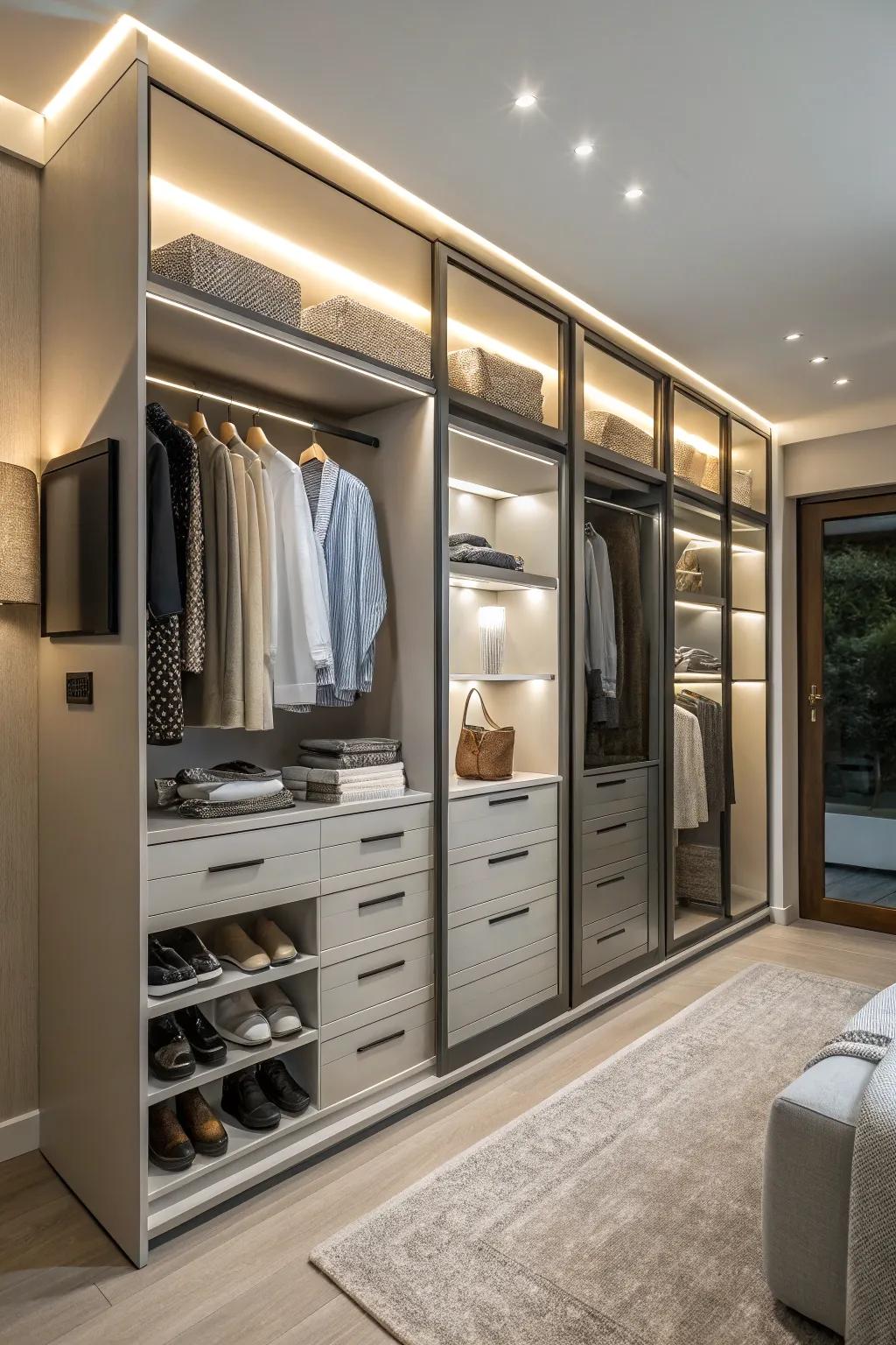 Integrated lighting enhances the utility and appeal of a wardrobe.