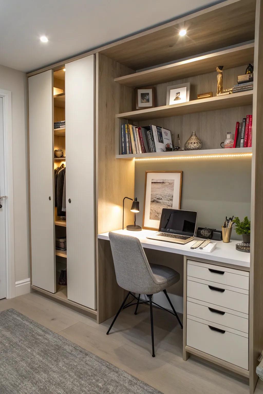 A wardrobe doubling as a pragmatic workspace, ideally suited for contemporary existence.