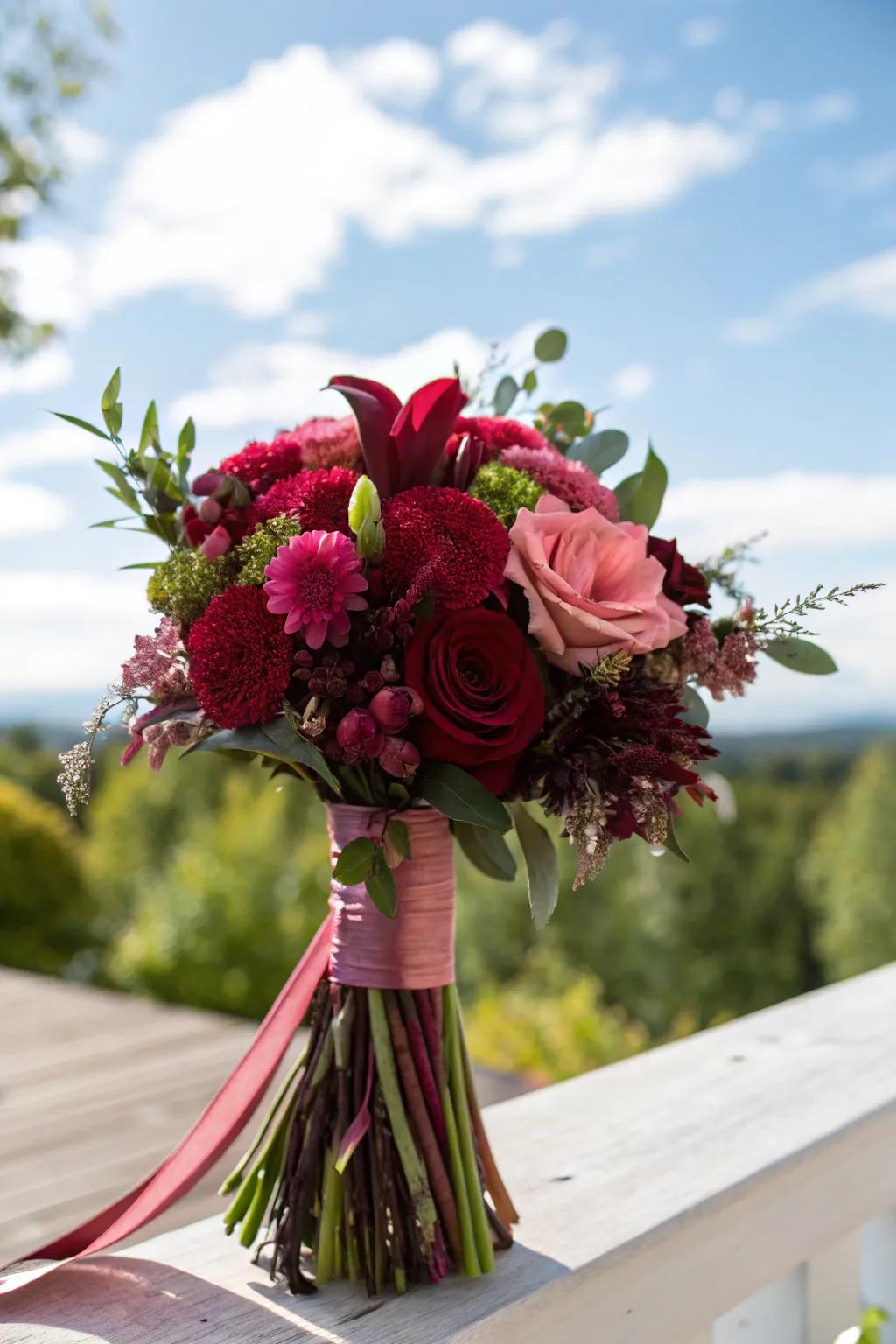 Burgundy bouquet accented with lively rose highlights.