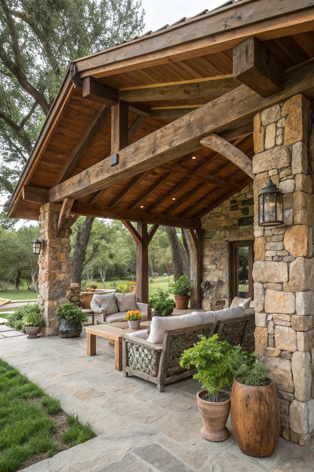 An inviting country cabana featuring natural materials.