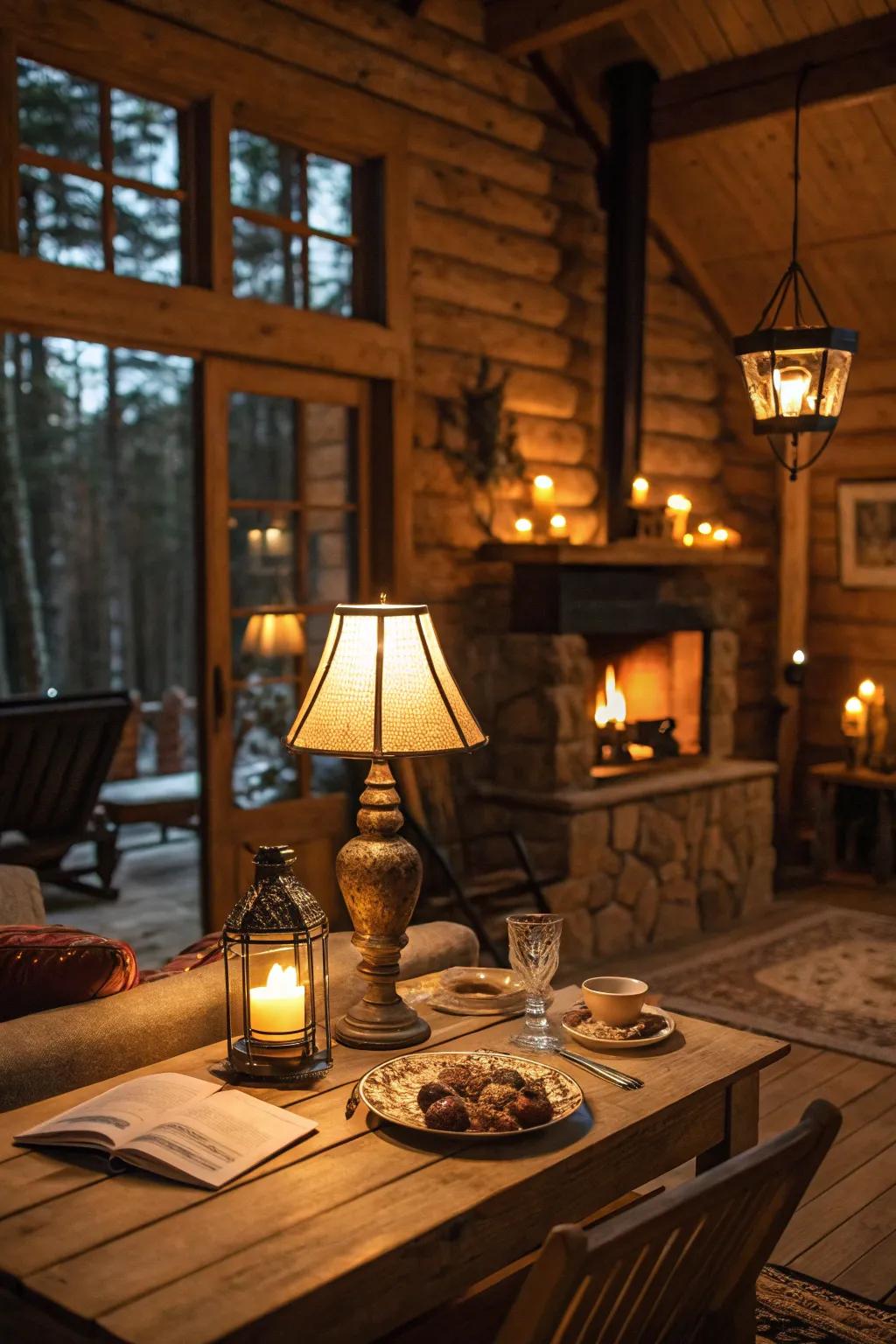 Snug cabin aglow with gentle ambient lighting