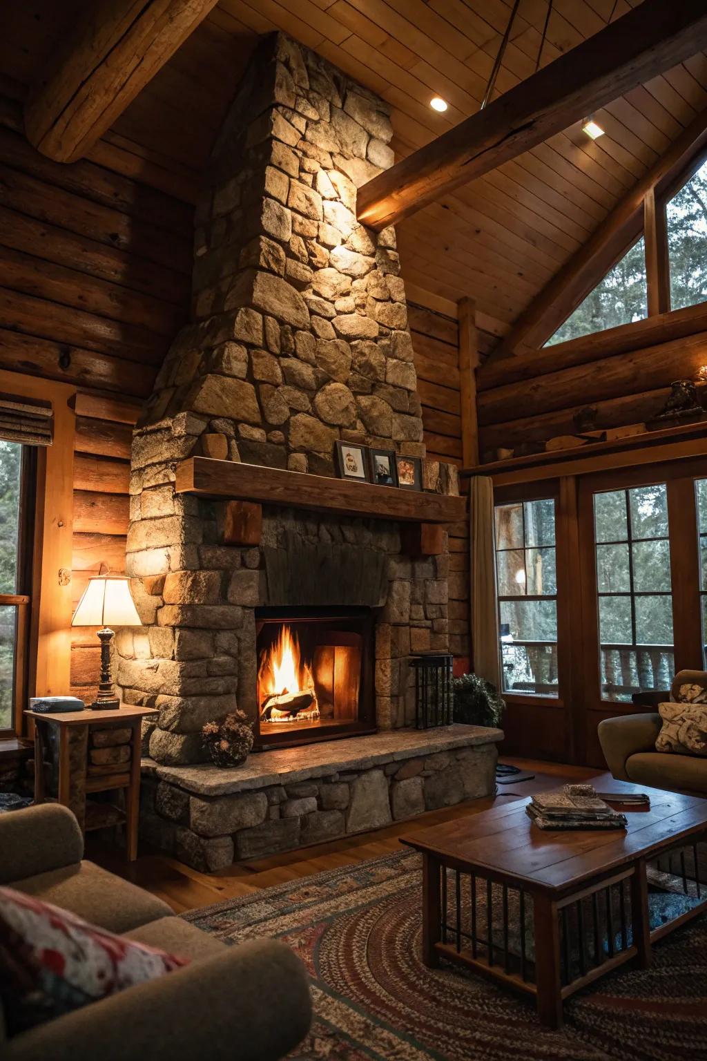 A stone fireplace serves as a cozy focal point.