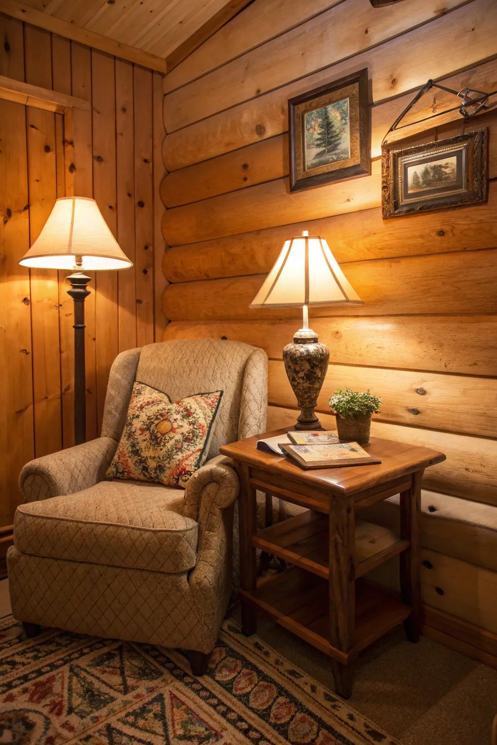 Floor and table lamps creating intimate, inviting lighting in a cabin corner.