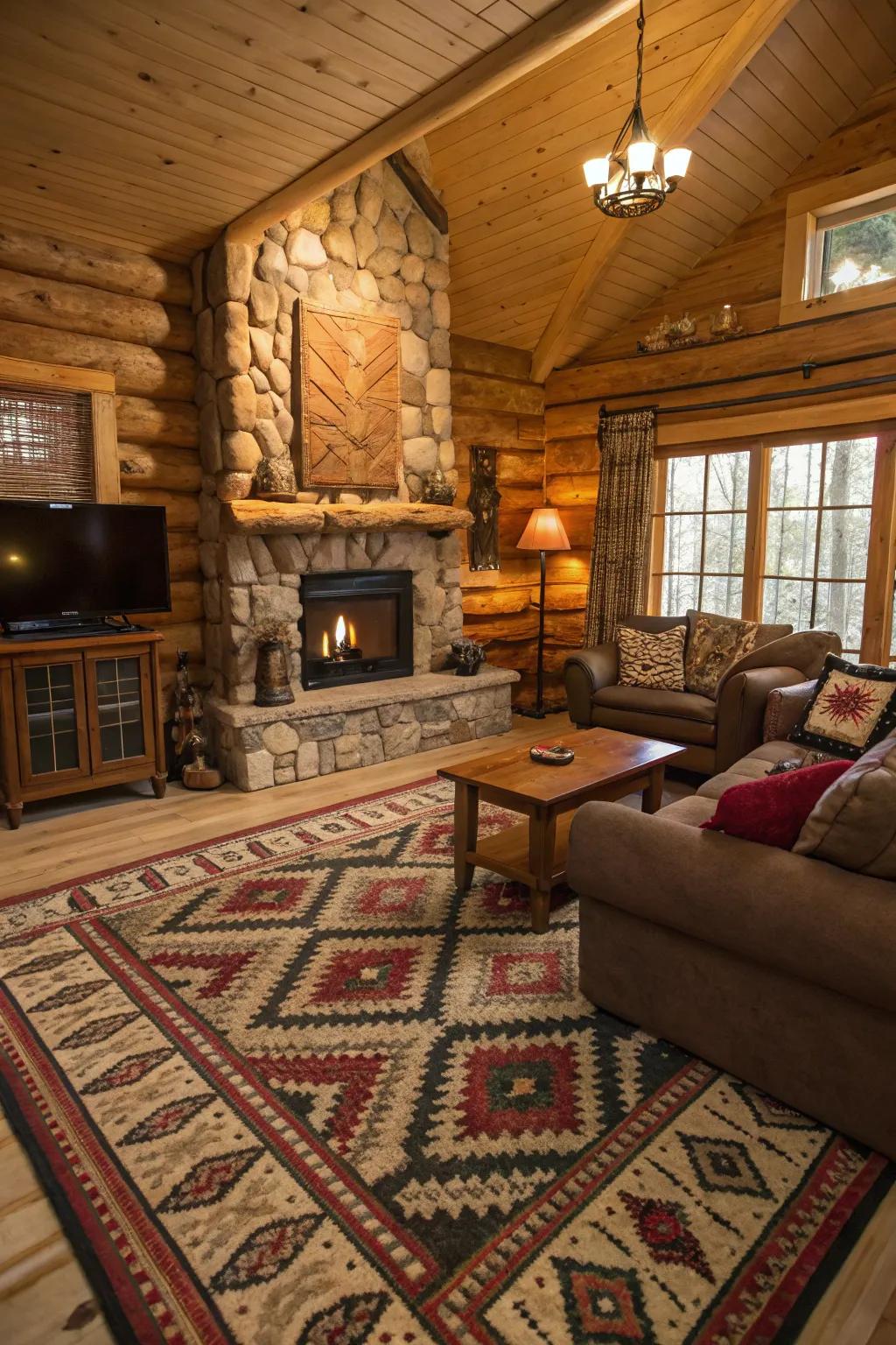 Combined textures and styles contribute depth to this cozy cabin living area.