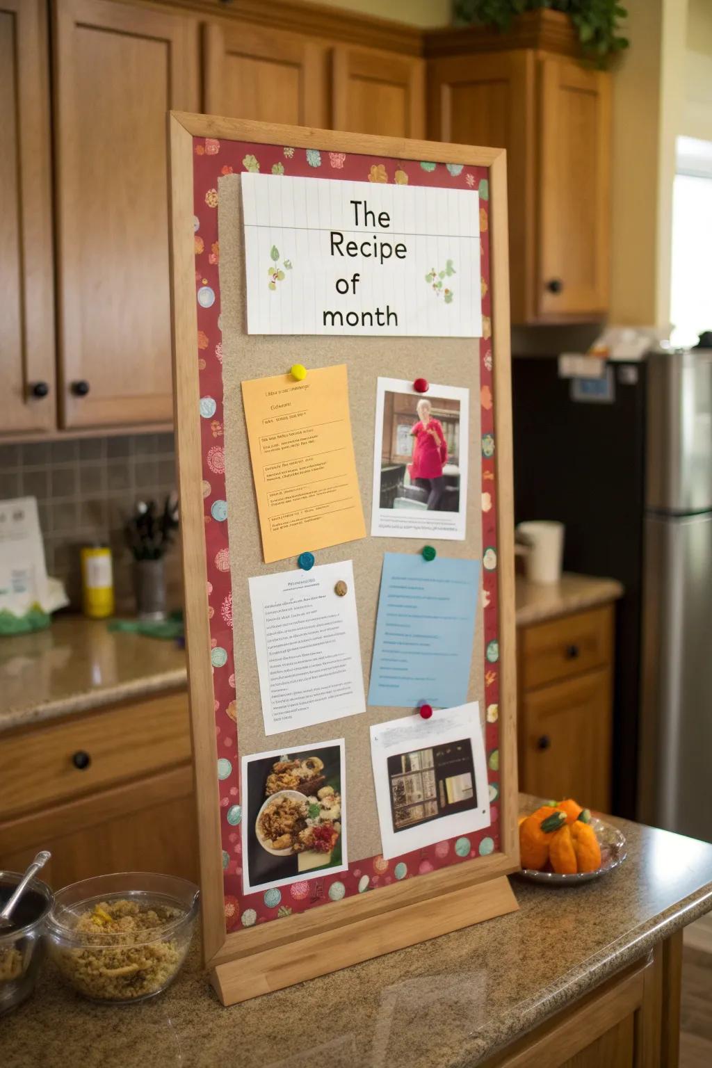 A culinary-themed board featuring a recipe for students each month.