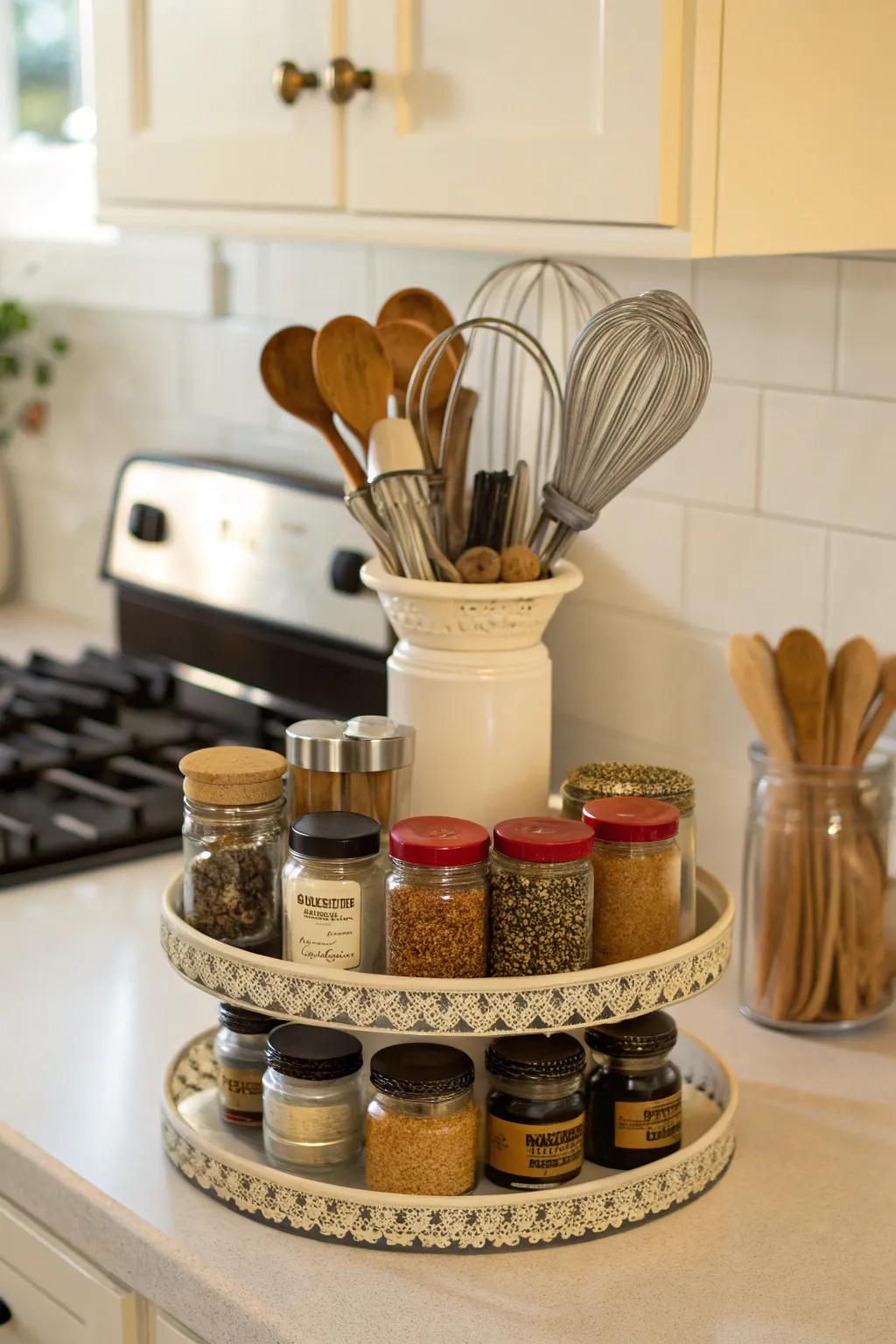 A cake stand organizes kitchen essentials with style and ease.