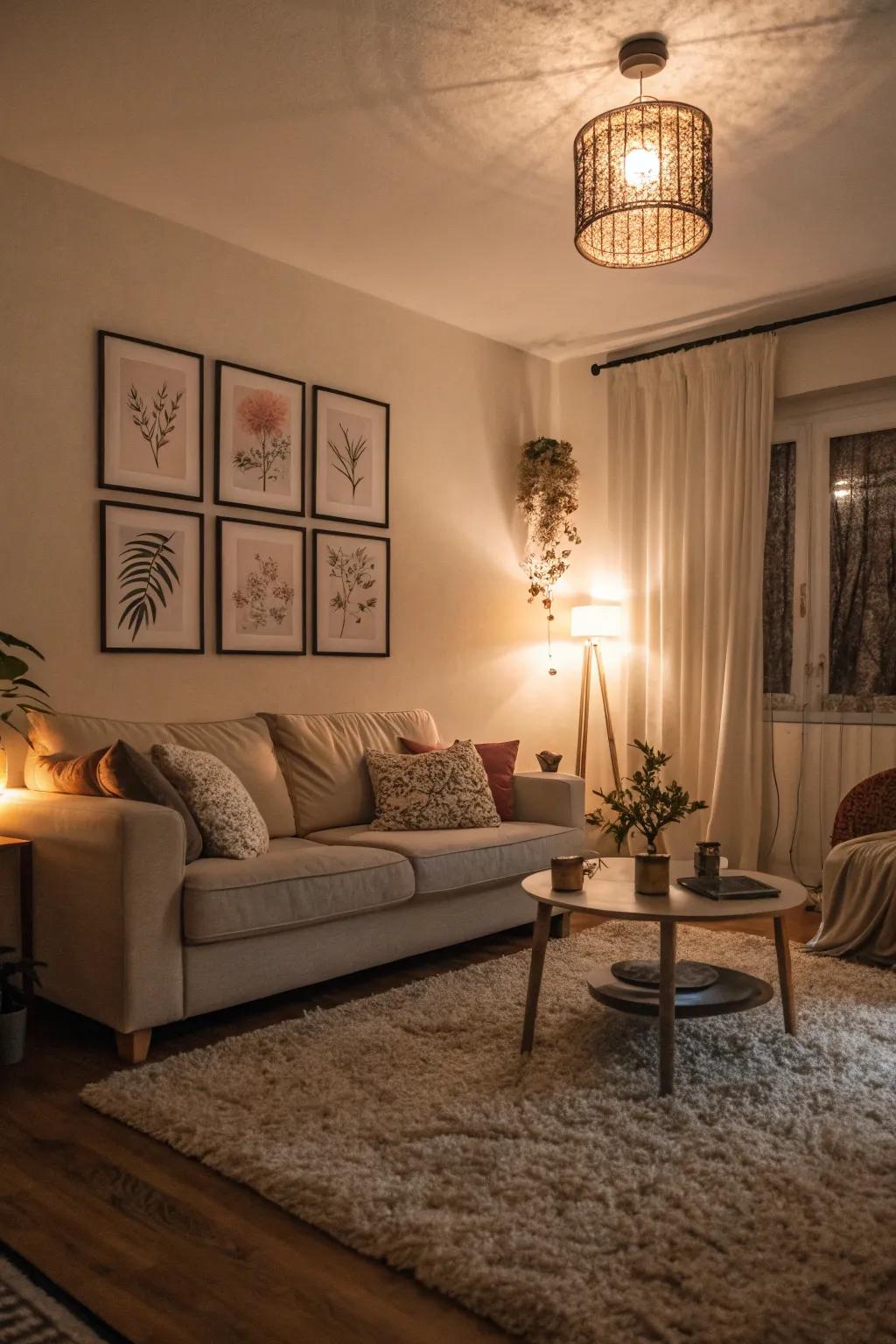 A living space with unobtrusive decor features boosting tranquility.