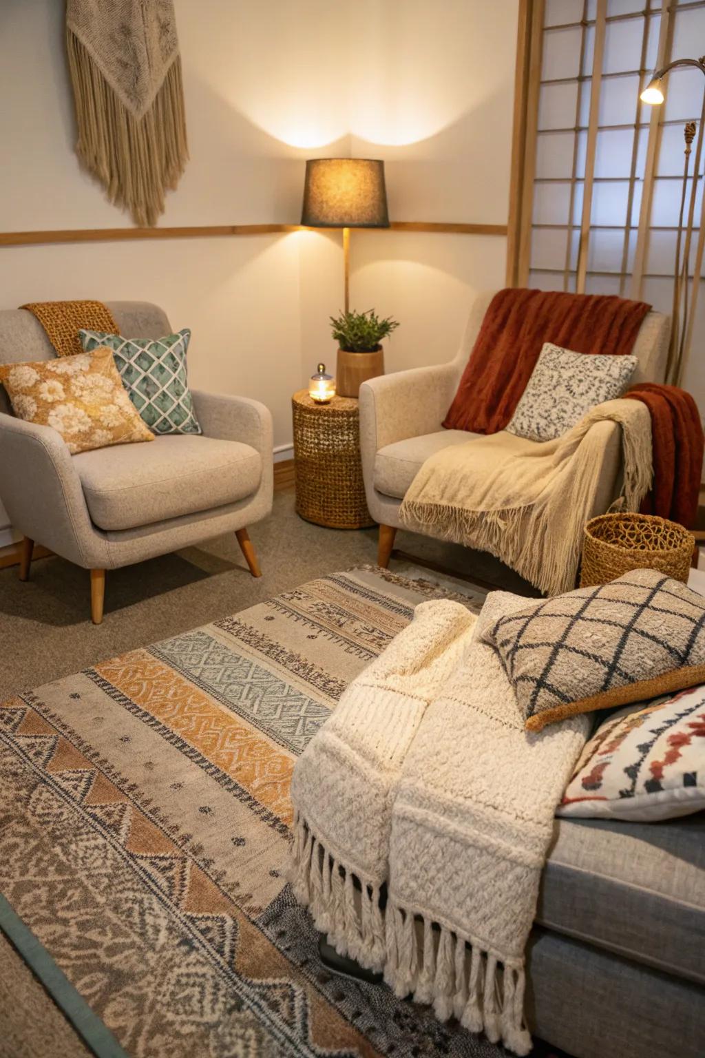 Varied fabric textures enhance warmth and depth.