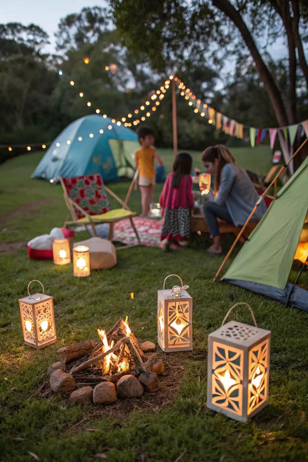 Charming lanterns light up the camping party.