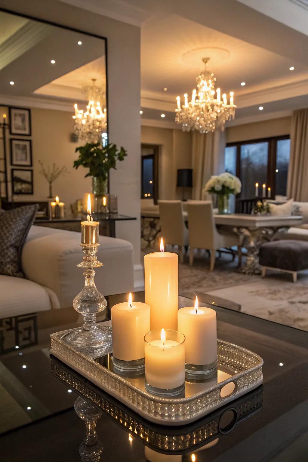 Mirrors under candles create an enchanting lighting effect.