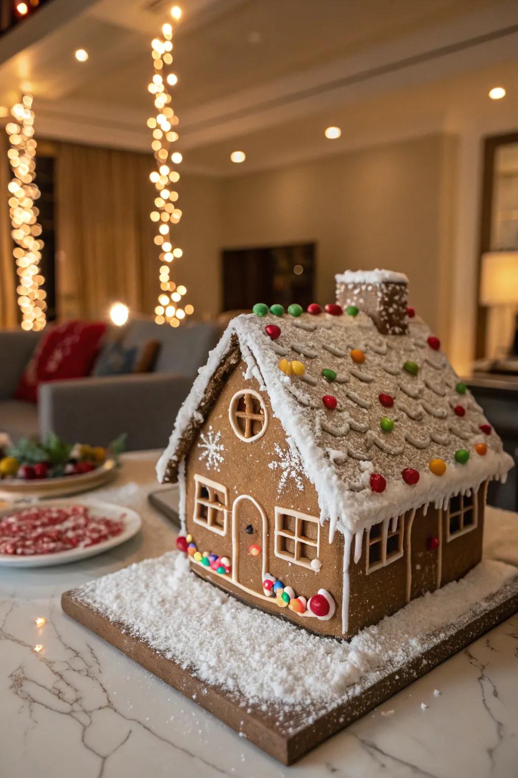 Sprinkles creating a magical snowy effect on the gingerbread house roof.