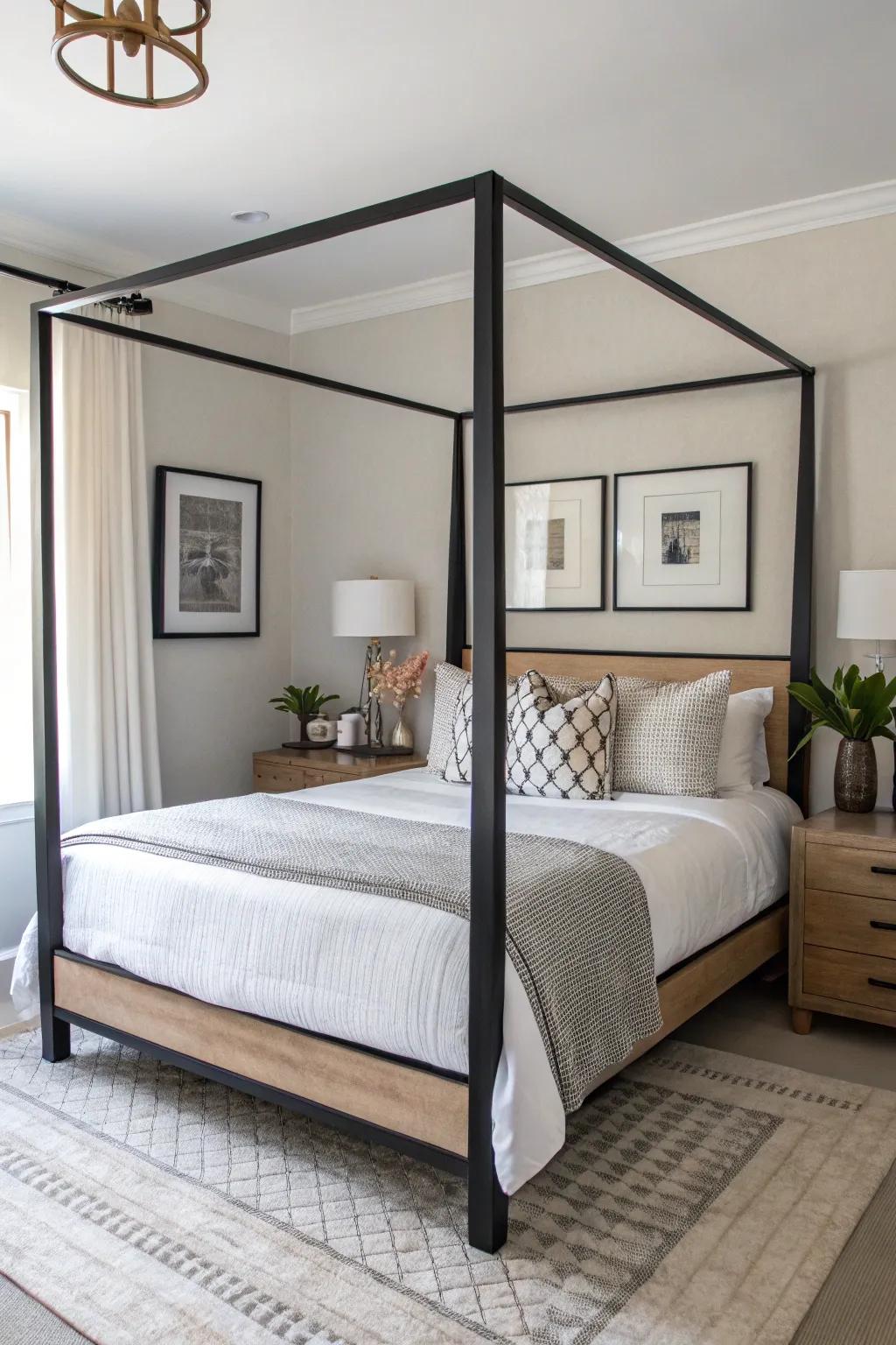 A modern draped bed with crisp lines and pared-down decor.