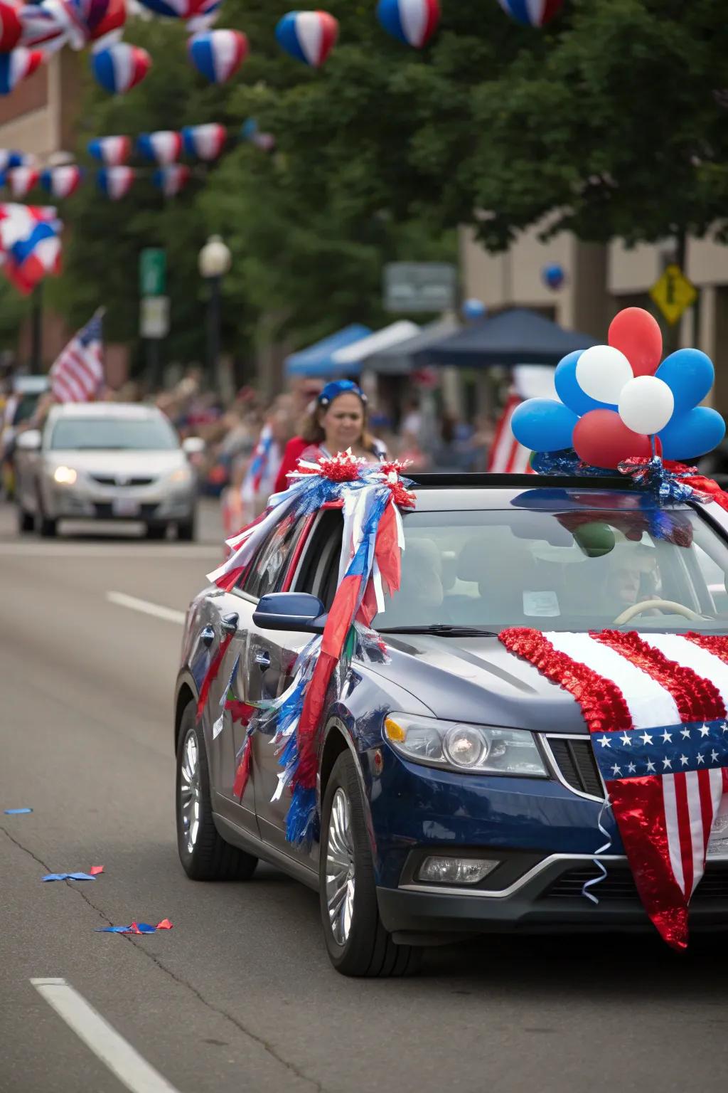 A car proudly displaying national pride with vibrant flag decorations.
