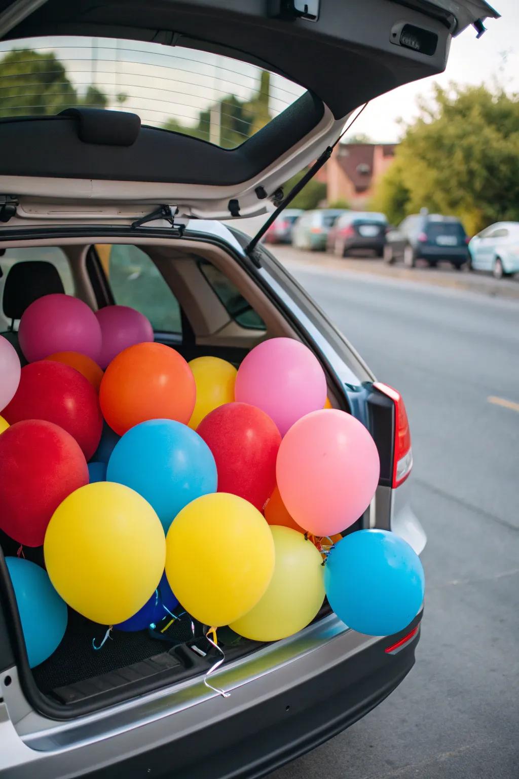 A trunk packed with vibrant spheres, adding a celebratory touch to the carnival theme.