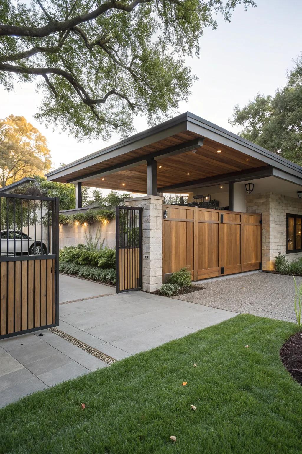 Carport featuring privacy fence gates, perfectly integrated into the home's design.