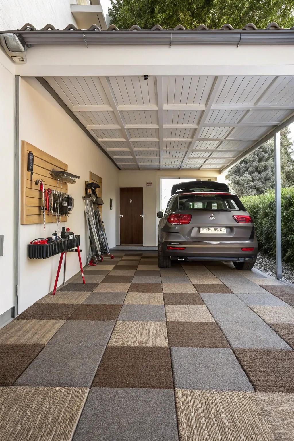 Textile squares infuse warmth and comfort into your carport.