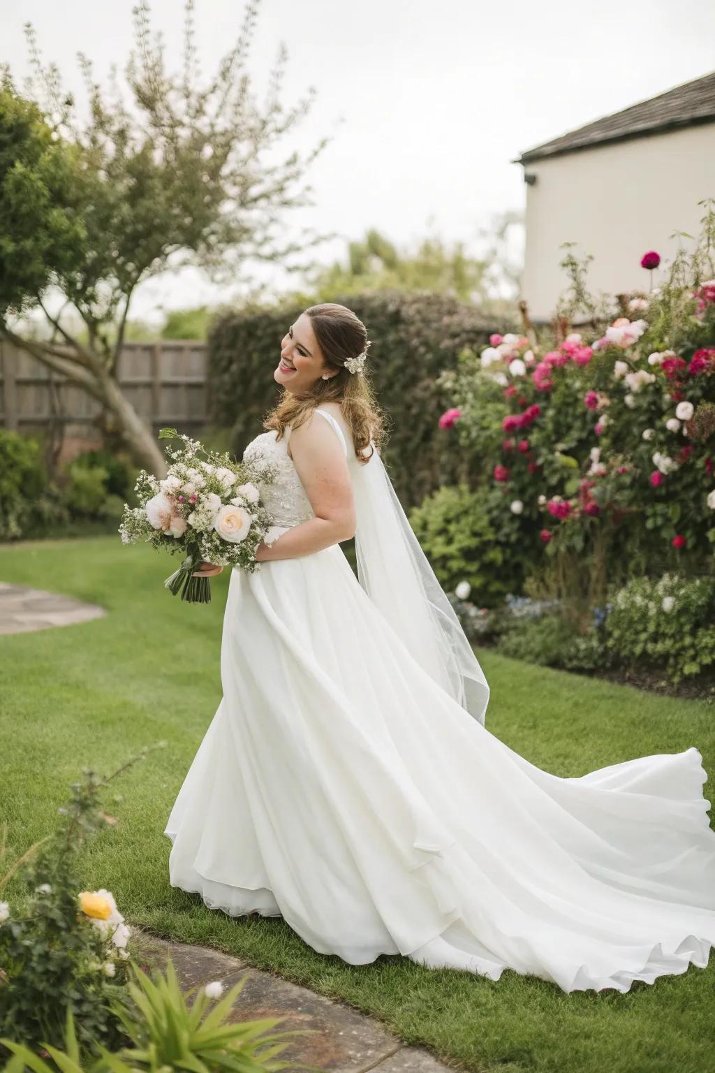 A bride in a simple gown embodies casual elegance.
