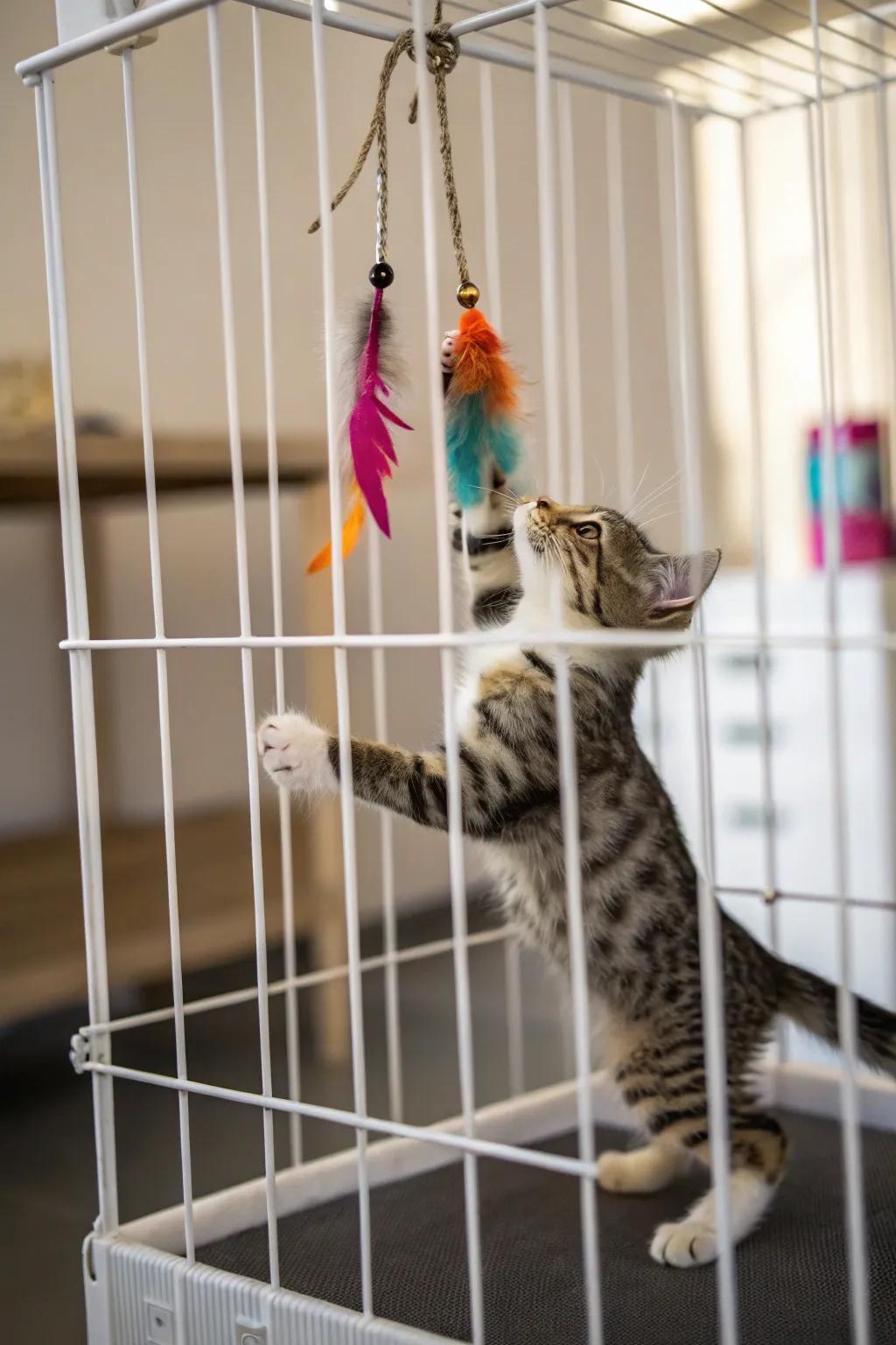 Interactive toys turn a cat cage into a lively area.