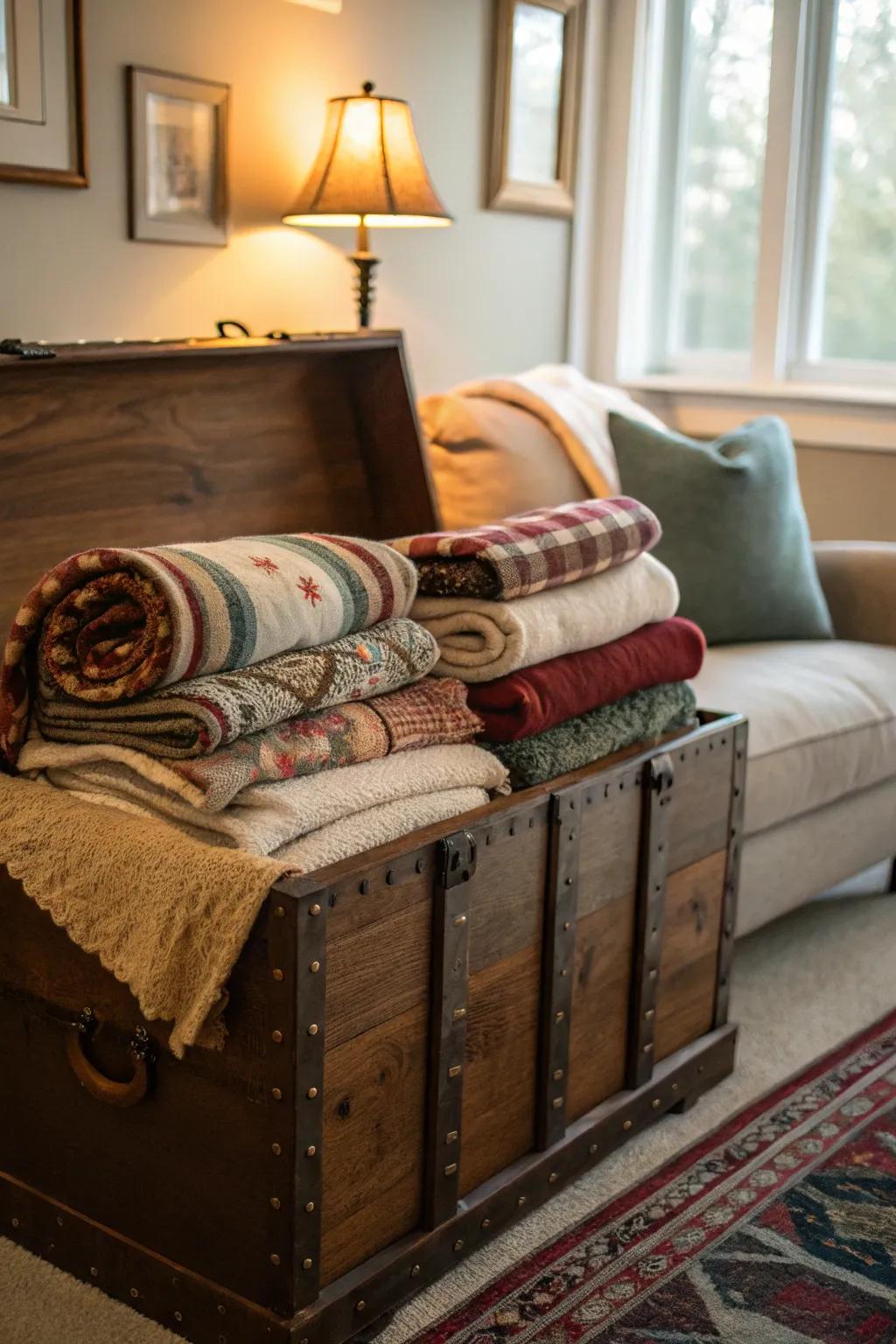A cedar chest offers stylish storage for warm blankets.