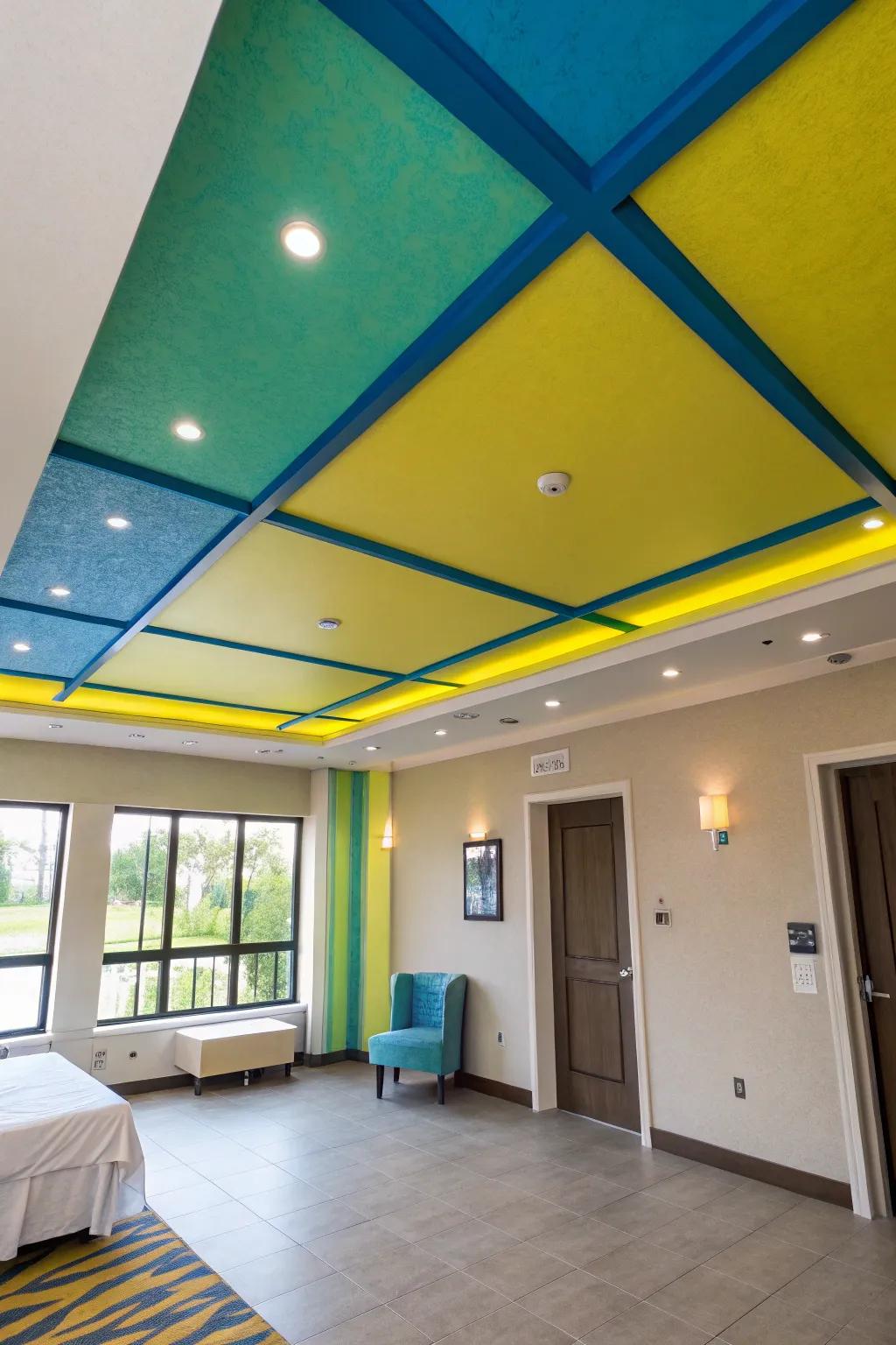 Colored touches can convert your ceiling into an energetic point of interest.