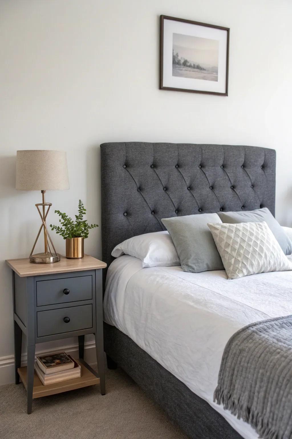 Understated decor accentuates the allure of a charcoal grey headboard.