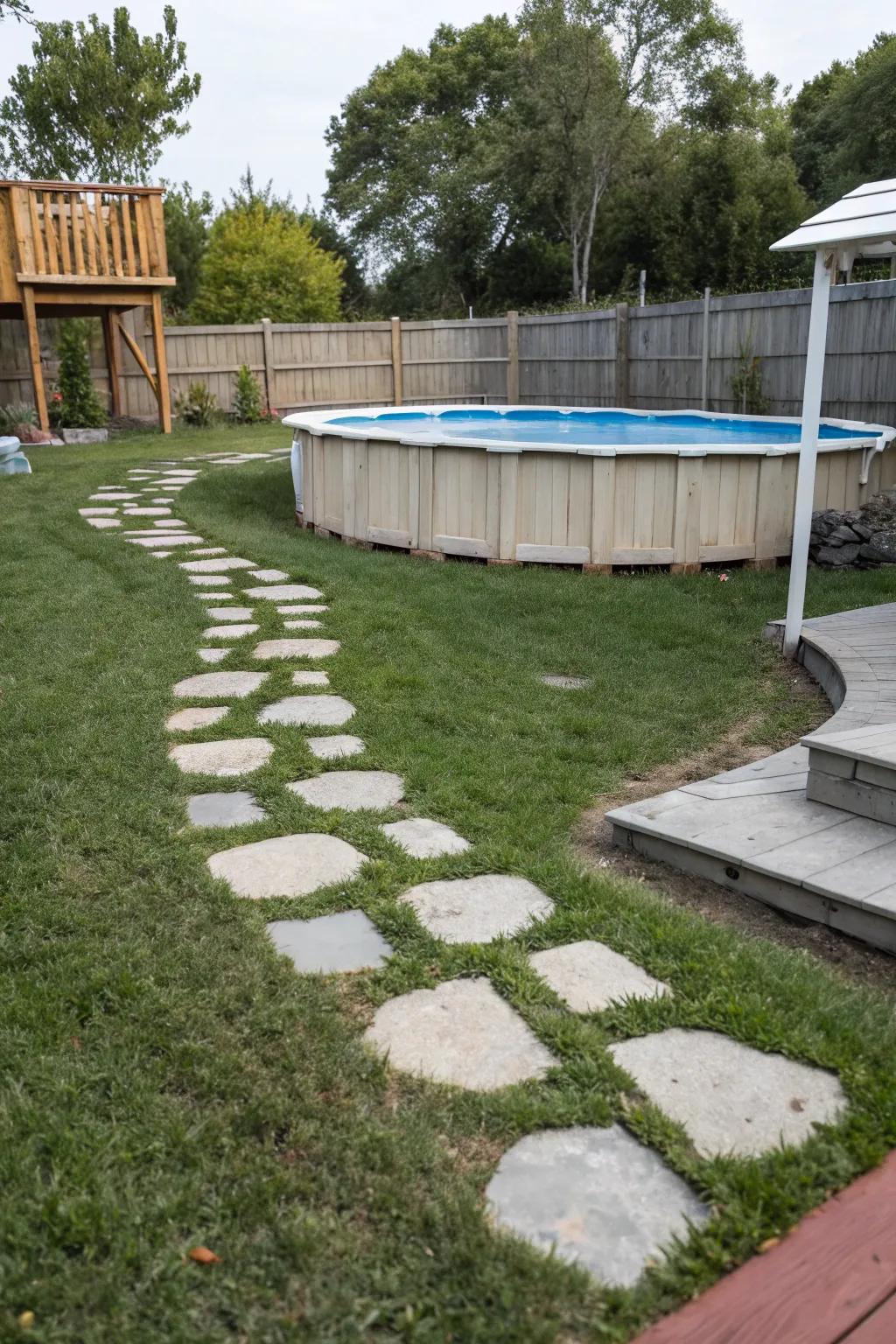 Laying stones compose a whimsical route to your pool.