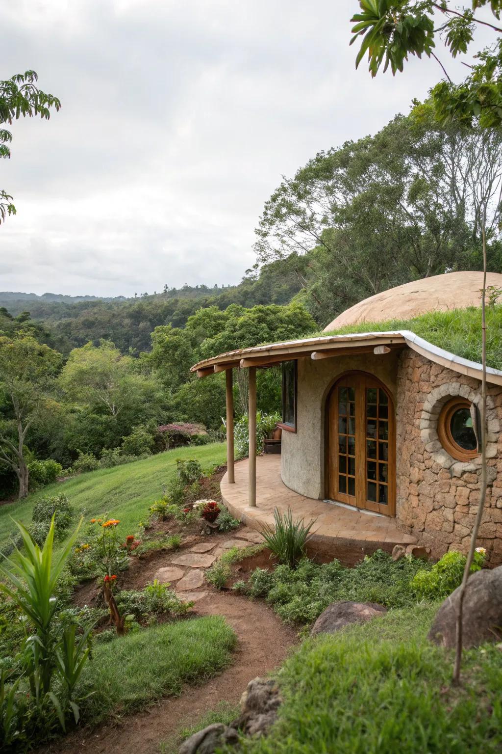 An earth-conscious clay bag home nestled in lush surroundings.